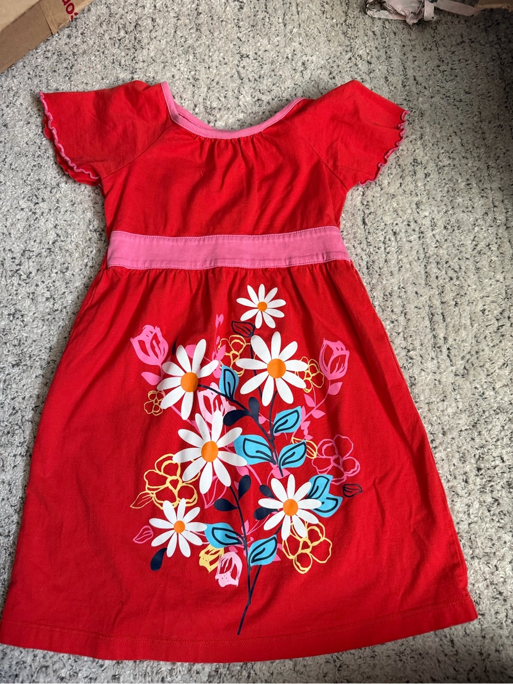 Hanna Andersson Red Cotton Dress with Pink Waistband and Floral Print Euc size 5